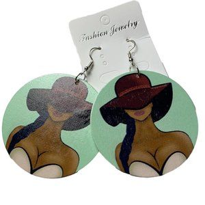 Wooden hand painted round drop earrings